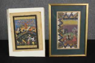 Two Indian Mughal paintings, one depicting a hunt, the other with courtiers, the largest in a glazed
