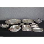 A group of various silver plated trays, and other wares. L.58 W.38cm. (largest).