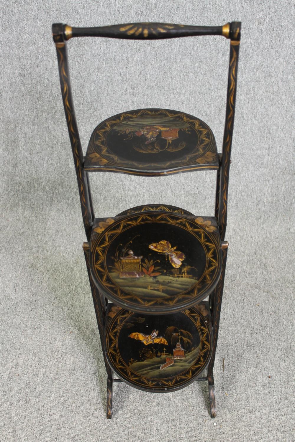 Two folding cakestands, one in oak, the other Chinoiserie lacquered, H.89cm. (each). - Image 8 of 11