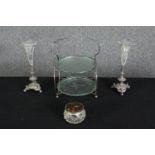 A glass cake stand, a pair of glass and silver plated vases, and a cut glass bowl with tortoiseshell