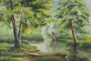 An oil on canvas of a river scene with empty boat to the foreground. H.39 W.55cm.