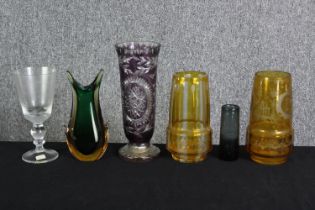 A group of various continental coloured glass wares. H.26cm. (largest).