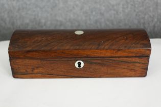 A 19th century rosewood glove or pen box. H.7.5 W.24 D.9cm.