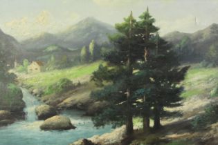 Antonio Chavry, Alpine scene, oil on canvas, unframed, signed. H.55 W.110cm.