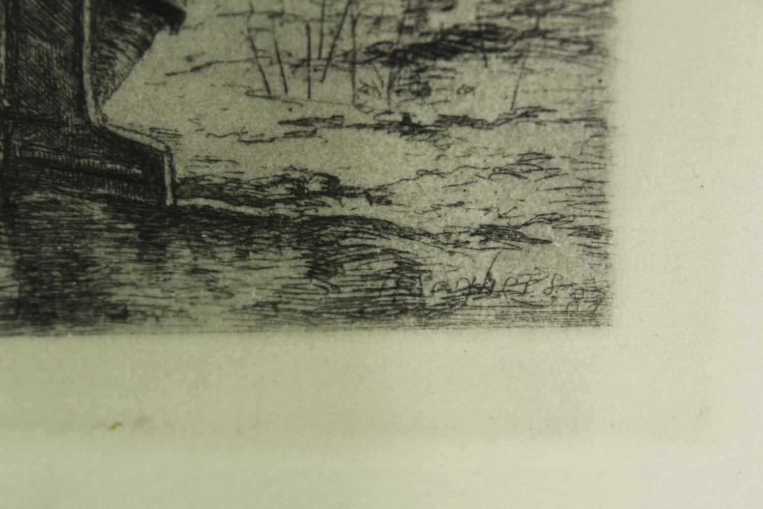 An etching of a moored sailing boat, framed and glazed. H.40 W.30cm. - Image 3 of 4