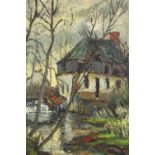 An Impressionist style oil on board of Vieux-Moulin, signed Sarton, with exhibition label. H.35 W.