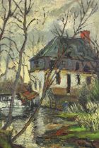 An Impressionist style oil on board of Vieux-Moulin, signed Sarton, with exhibition label. H.35 W.