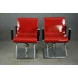 A pair of chrome barber shop chairs H.87cm. (each) with faux leather upholstery refinished in