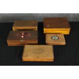 A group of vintage cigar boxes. H.7 W.22.5 D.18.5cm. (largest).