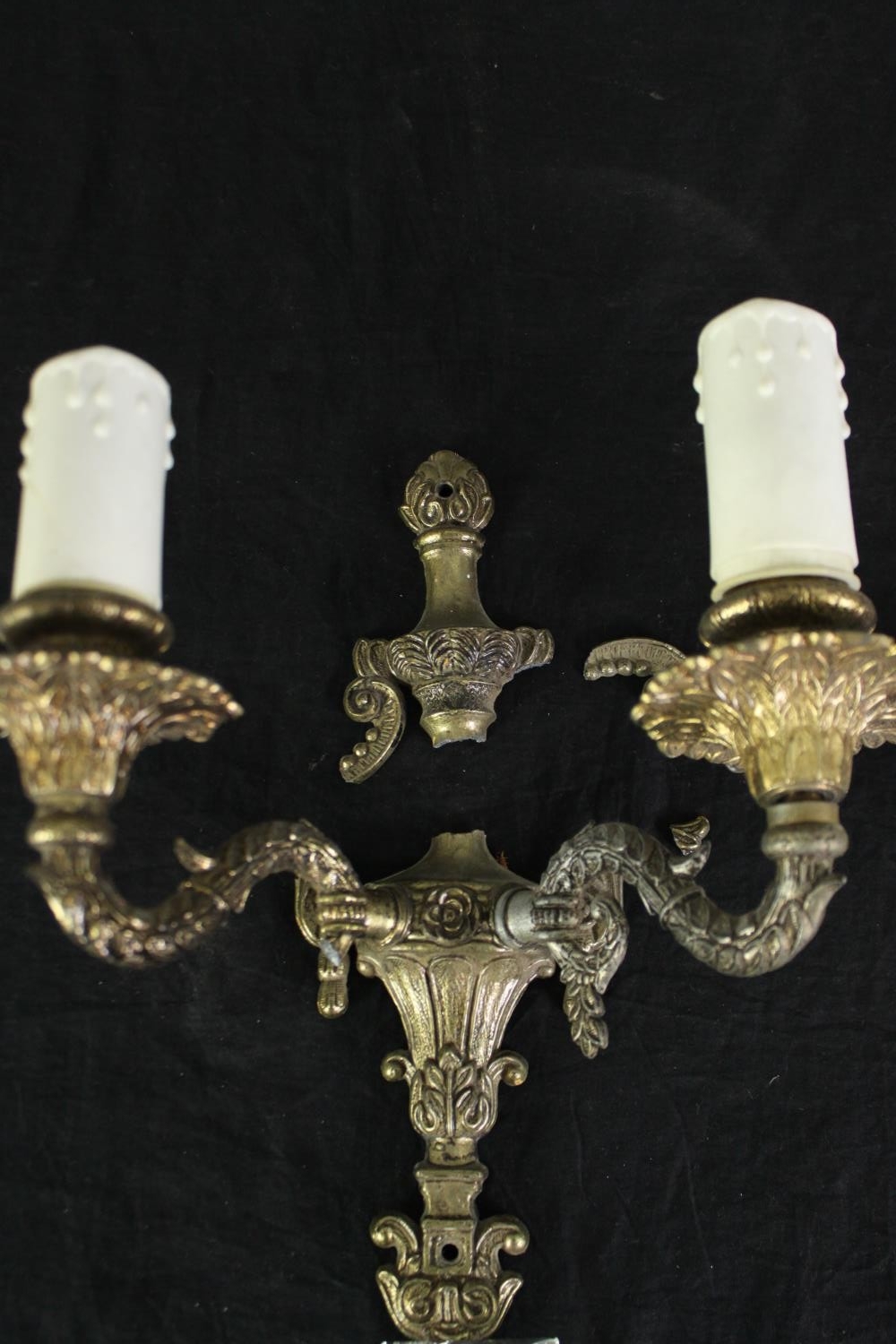 A set of three 18th century style gilt metal wall lights (one broken) H.26 W.27cm. (each). - Image 2 of 5