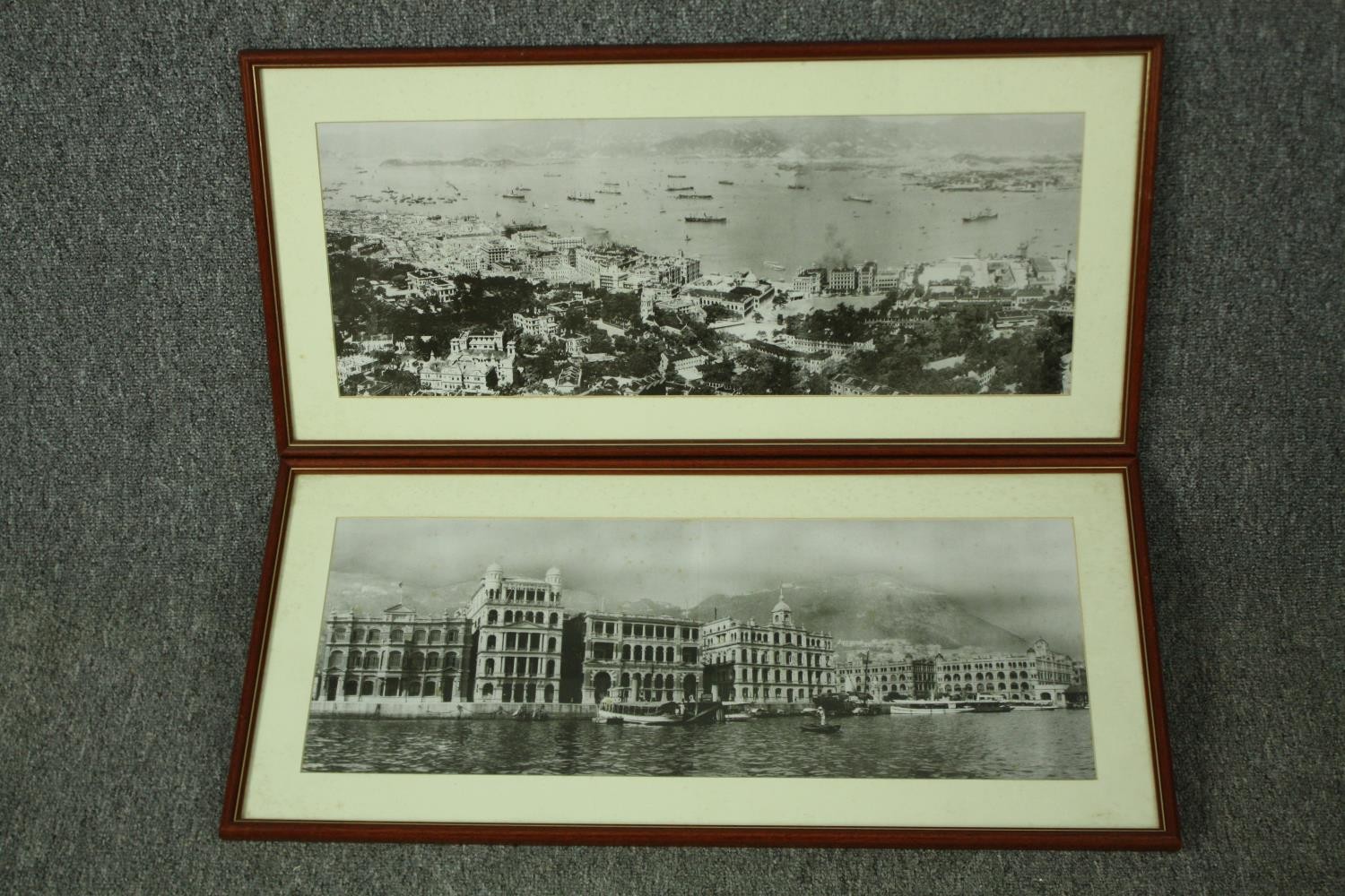 Two photographic views of Victoria Harbour, Hong Kong, dated 1924 and 1936 to the reverse, framed