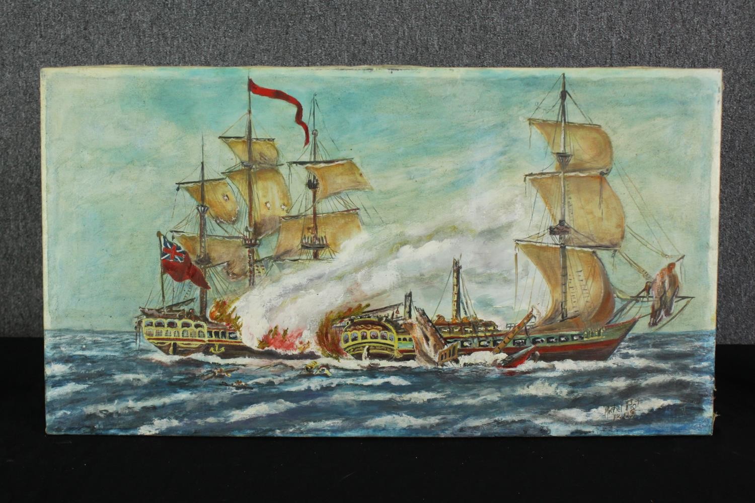 Michel Fiot, a naval battle, oil on canvas, signed. H.42 W.77cm. - Bild 2 aus 5