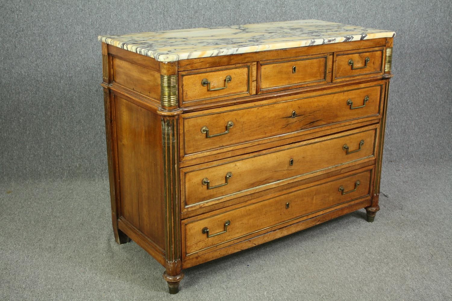 A French Directoire walnut commode, with a breccia marble top, 19th century. H.98 W.126 D.57cm. - Image 2 of 11