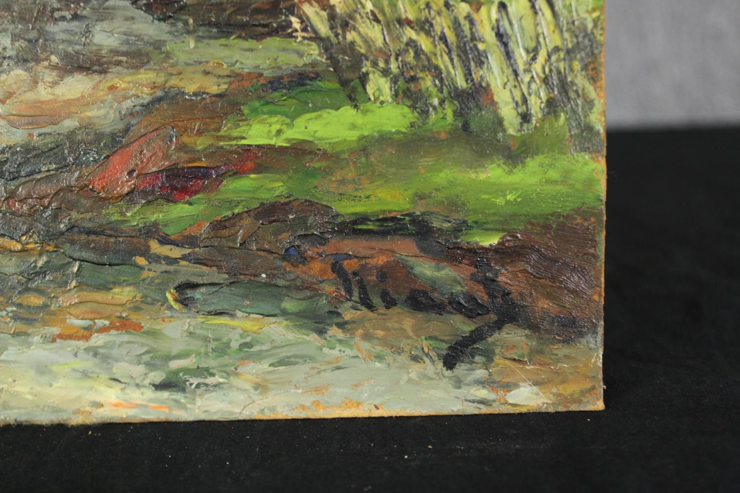 An Impressionist style oil on board of Vieux-Moulin, signed Sarton, with exhibition label. H.35 W. - Bild 3 aus 5
