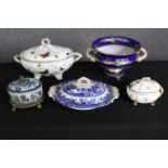 A group of four various 19th century tureens, including Derby and other Staffordshire porcelain, one