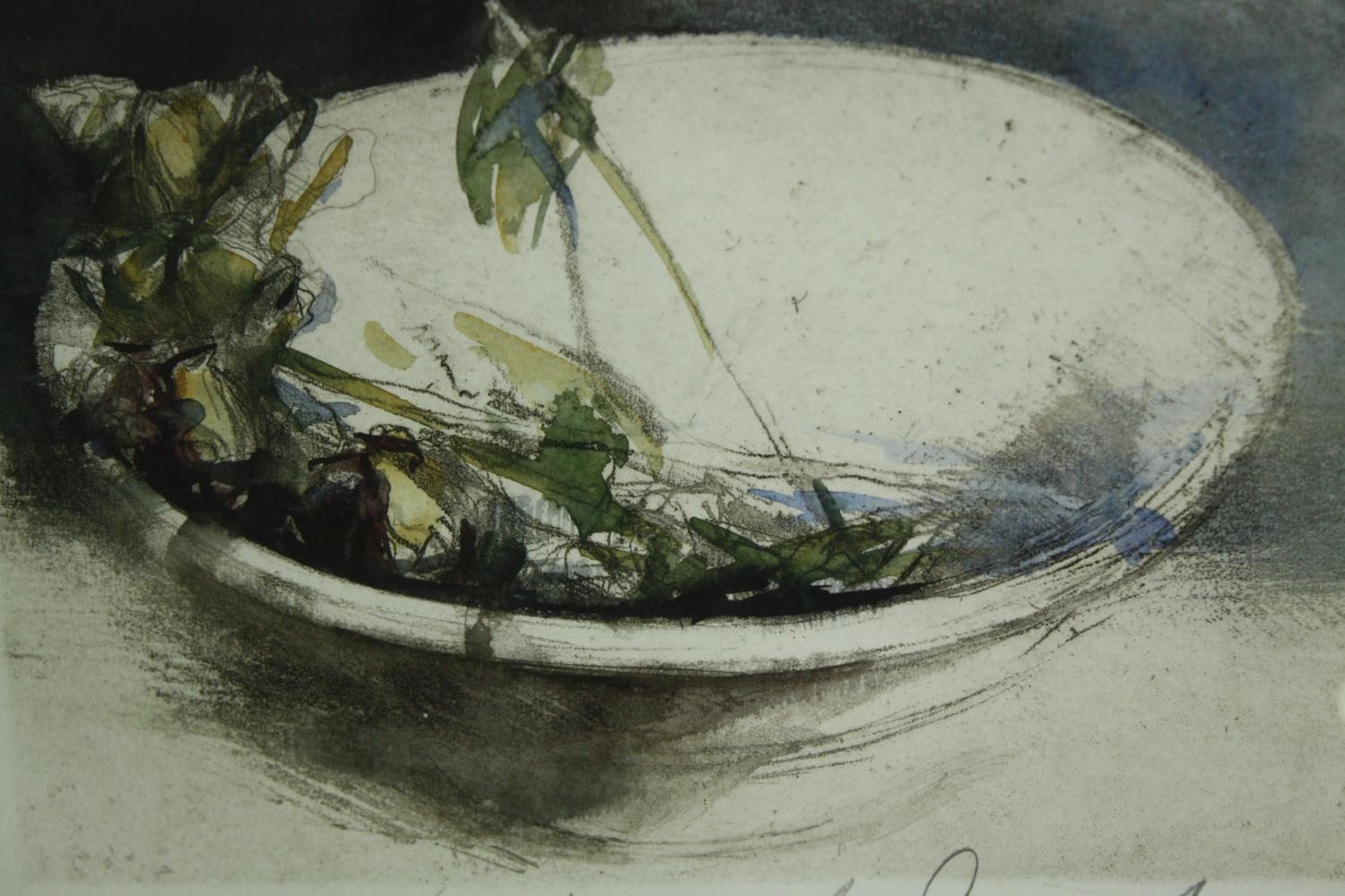 A pair of coloured prints, still life sketches with a vase and bowl, in glazed and ebonized - Image 4 of 8