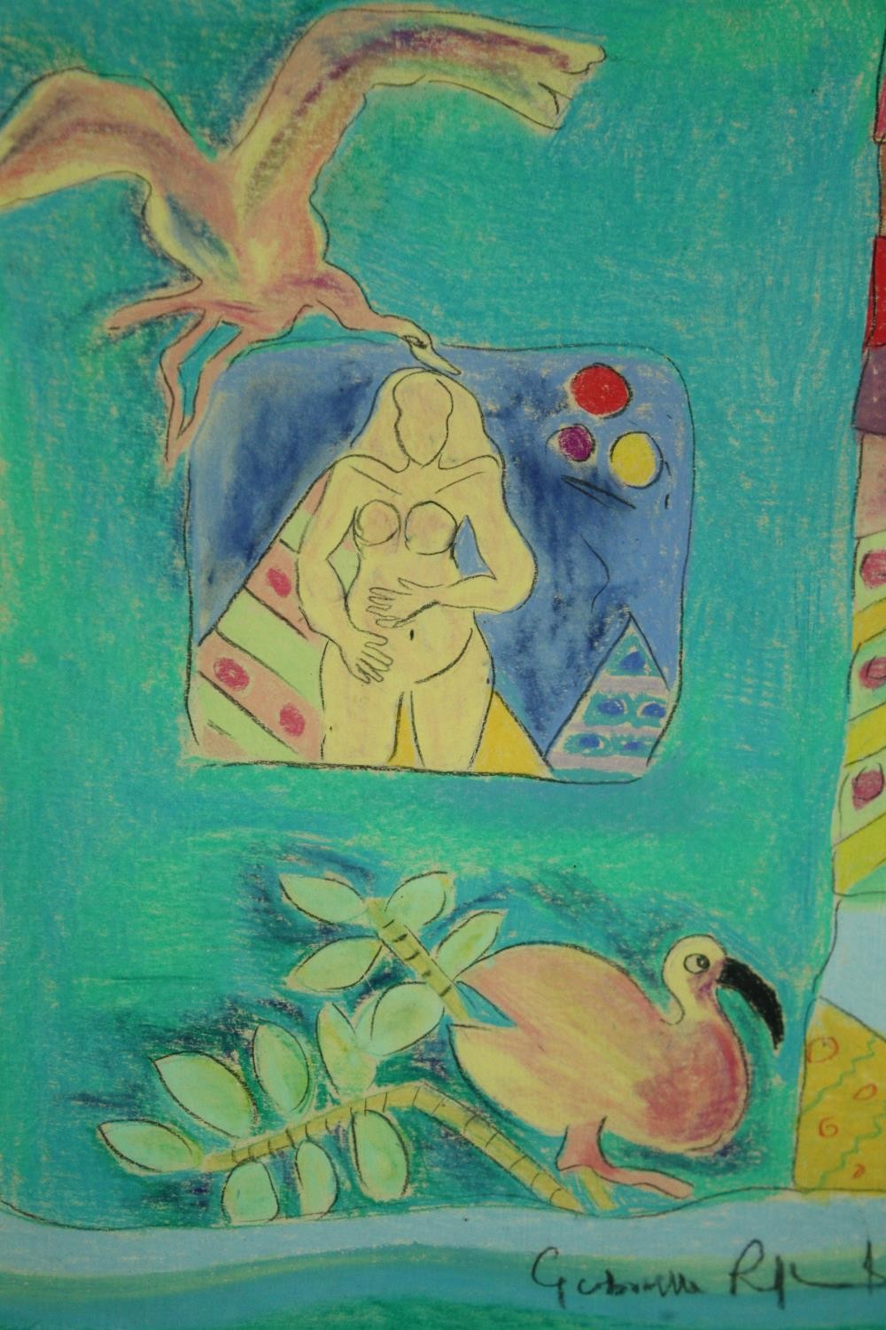 A pair of pastel compositions of tropical beach scenes, framed and glazed, signed. H.74 W.58cm. ( - Image 2 of 6