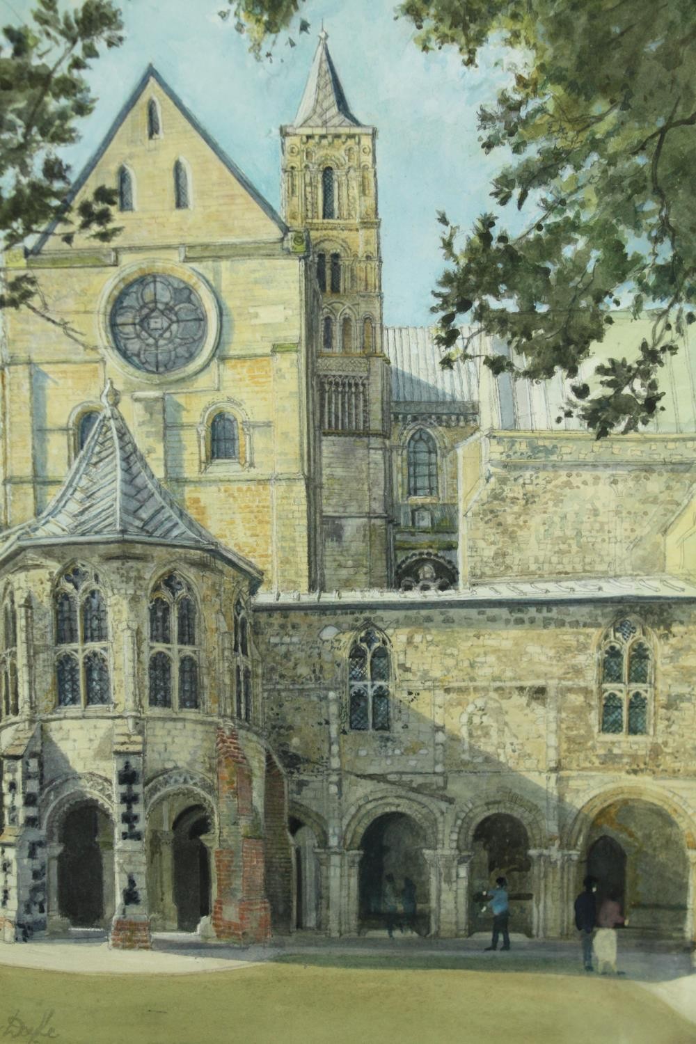 John Doyle, b.1928, a watercolour of Canterbury cathedral, signed, in a glazed oak frame. H.79 W.