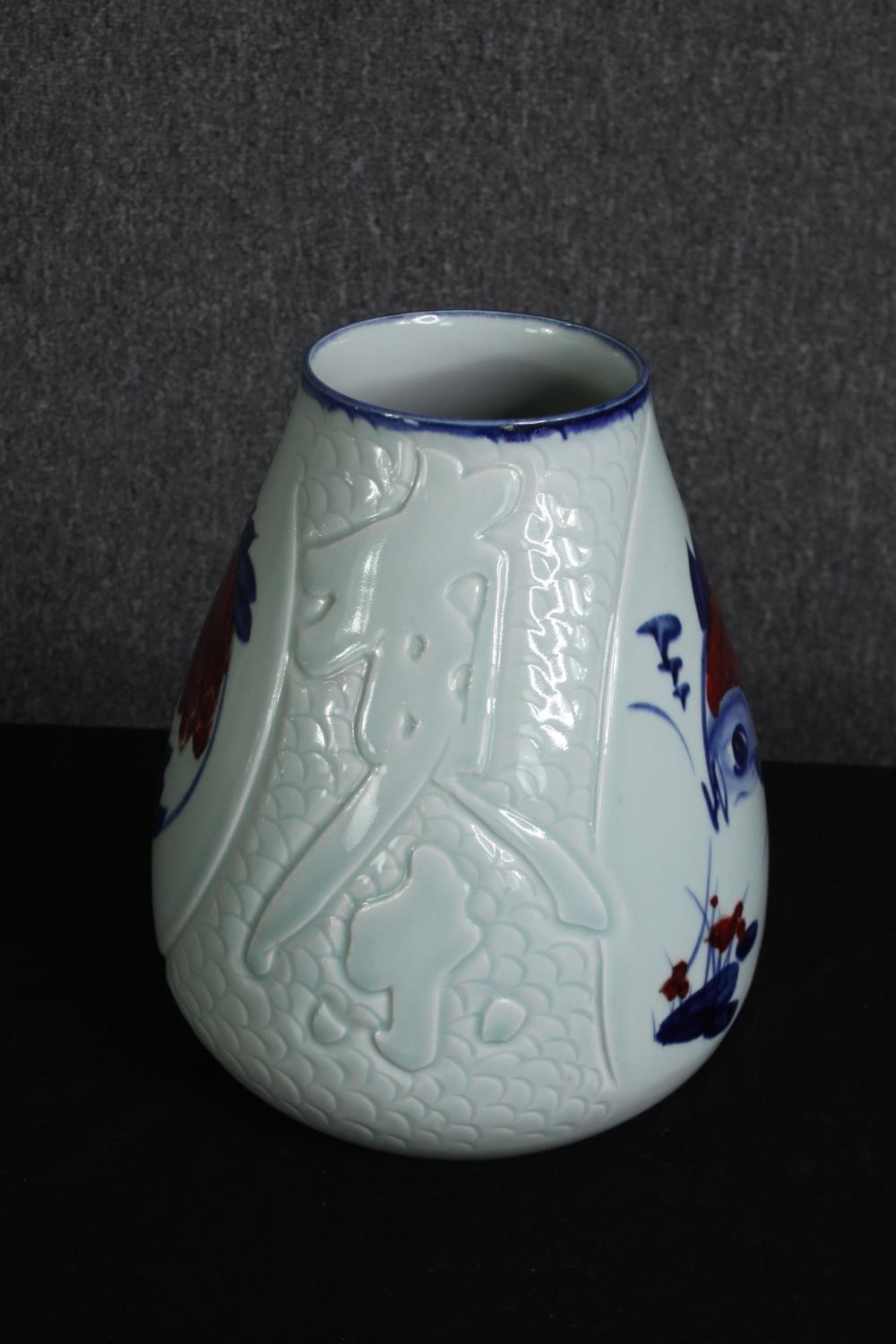 A large 20th century Japanese celadon glaze vase with stylised koi carp and incised scale texture, - Image 4 of 5