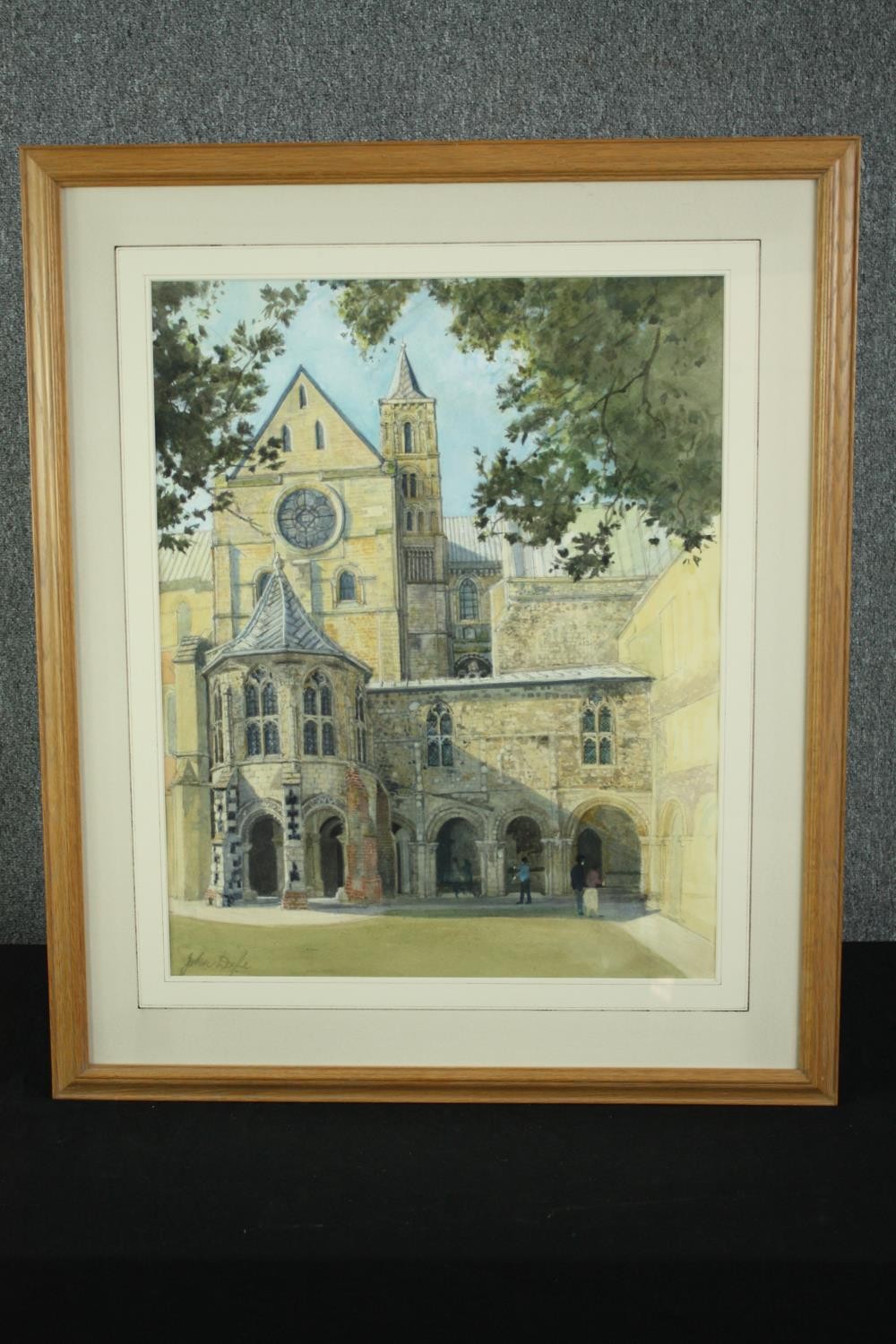 John Doyle, b.1928, a watercolour of Canterbury cathedral, signed, in a glazed oak frame. H.79 W. - Image 2 of 4