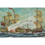 Michel Fiot, a naval battle, oil on canvas, signed. H.42 W.77cm.