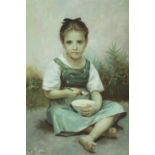 Oil on canvas, portrait a young seated girl eating from a bowl, in a hardwood frame. H.118 W.87cm.
