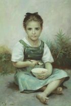 Oil on canvas, portrait a young seated girl eating from a bowl, in a hardwood frame. H.118 W.87cm.