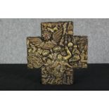 Estela Ogazon, a Mexican folk art cross, mixed metal repousse decoration on wood. H.20 W.19 D.4cm.