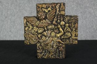 Estela Ogazon, a Mexican folk art cross, mixed metal repousse decoration on wood. H.20 W.19 D.4cm.
