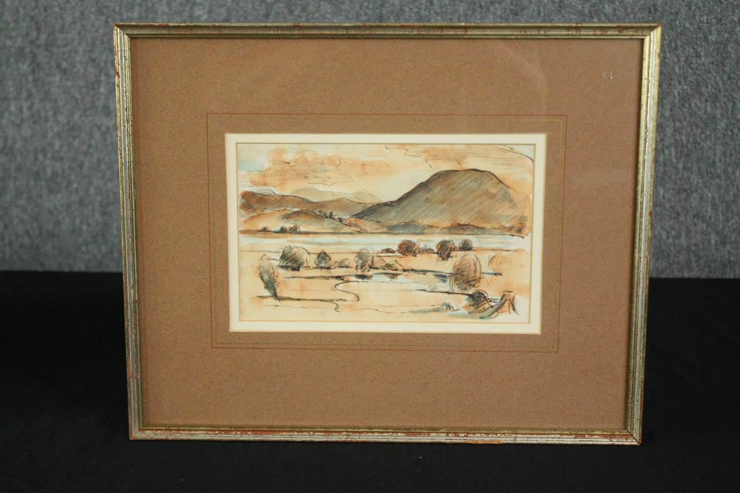 A watercolour of a cottage and another sepia landscape, both framed and glazed. H.40 W.47cm. ( - Image 2 of 7