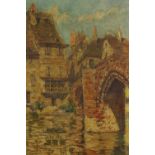 G. Flames, an Impressionist style oil on board of a town scene with river and bridge. H.41 W.27cm.