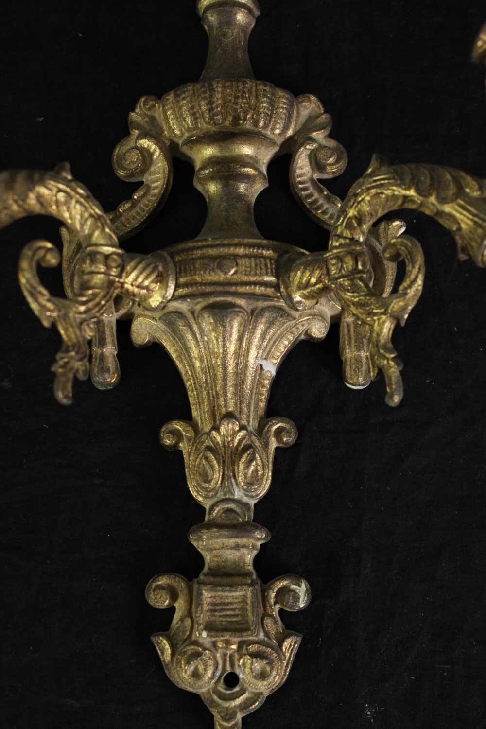 A set of three 18th century style gilt metal wall lights (one broken) H.26 W.27cm. (each). - Image 4 of 5