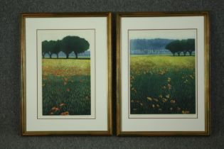 A pair of prints, landscapes of meadows, framed and glazed. H.75 W.56cm. (each).