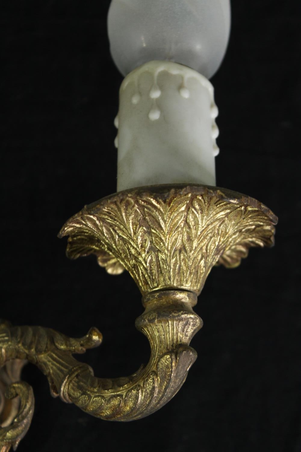 A set of three 18th century style gilt metal wall lights (one broken) H.26 W.27cm. (each). - Image 5 of 5