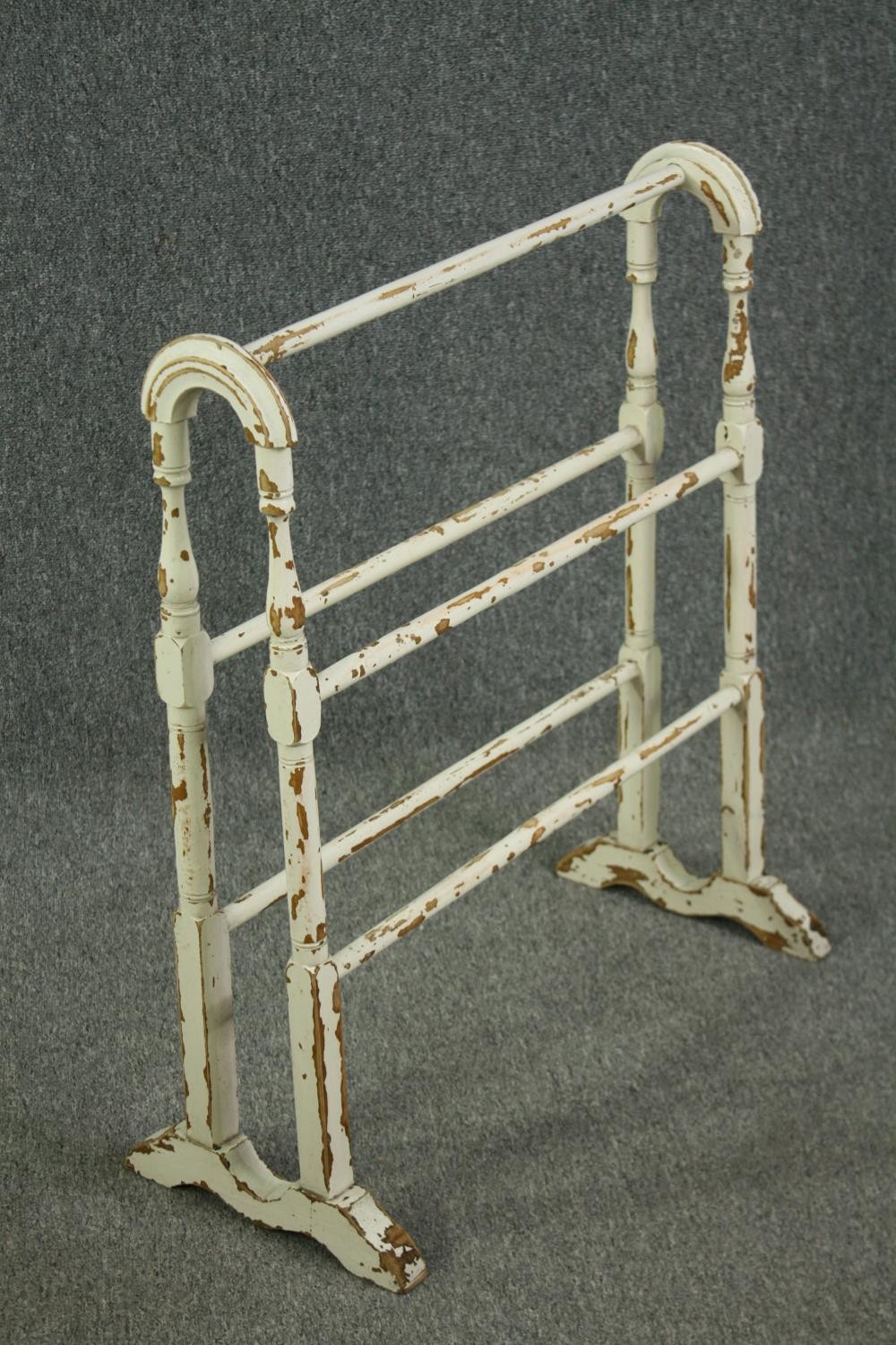 A Victorian distressed white painted towel rail. H.80 W.67 D.16cm. - Image 2 of 5