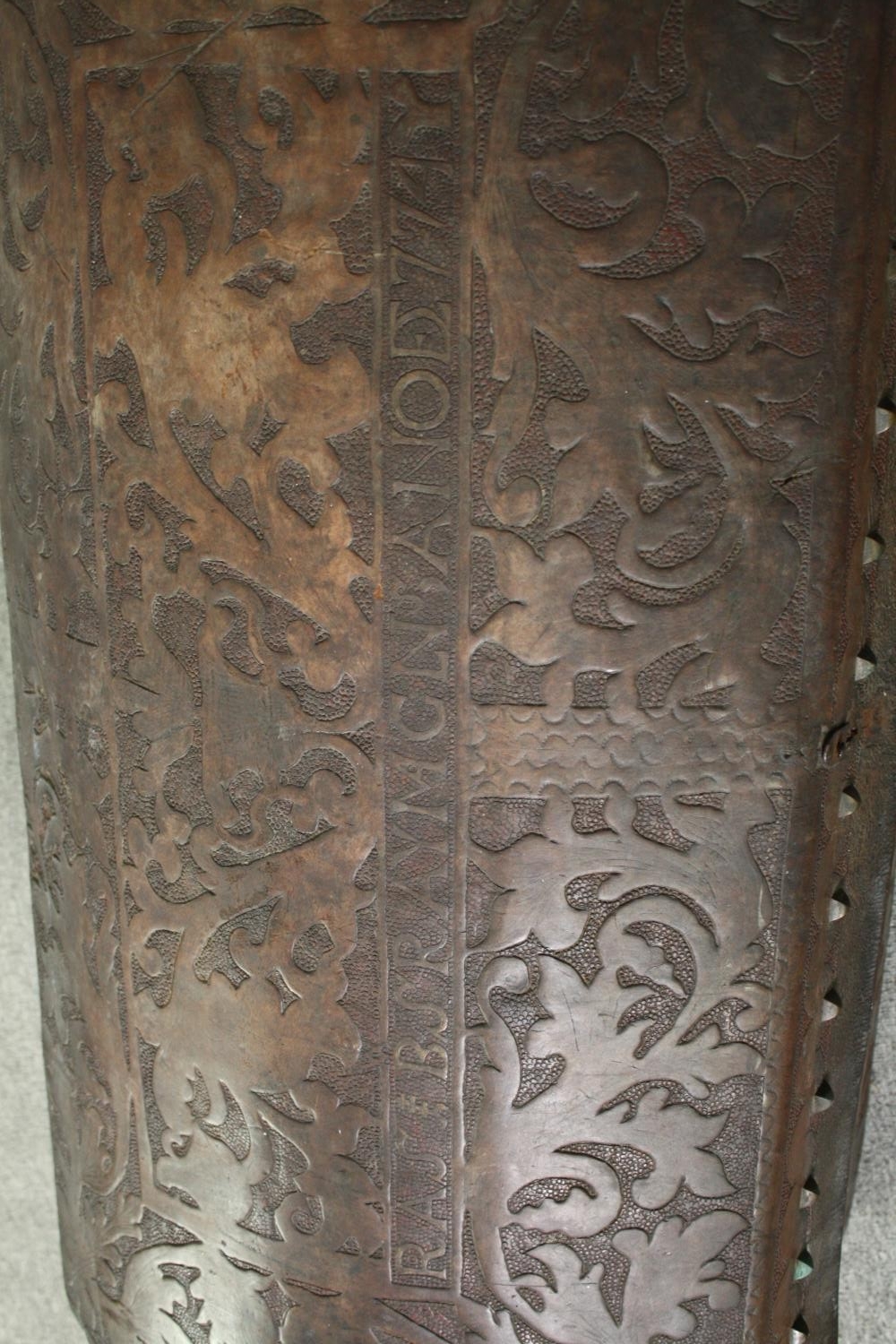 Travelling trunk, 19th century studded embossed leather. H.47 W.110 D.54cm. - Image 11 of 14