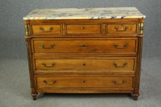 A French Directoire walnut commode, with a breccia marble top, 19th century. H.98 W.126 D.57cm.