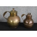 Two brass globular shaped lidded vessels. H.16cm. (largest).