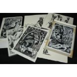 A set of ten pen and wash bizarre works of art, with anthropomorphic creatures in states of war,