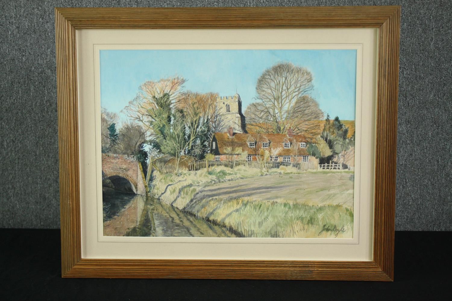 John Doyle b.1928, a watercolour of an English countryside landscape with church tower, signed, in a - Image 2 of 4