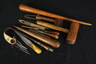 A group of turned wooden ships tools. L.60cm.