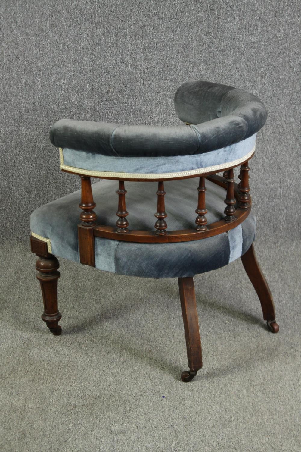 A late Victorian walnut tub chair, with button back upholstery - Image 5 of 7