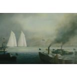 Tim Thompson, a coloured print of the America's Cup, framed and glazed. H.73 W.85cm.