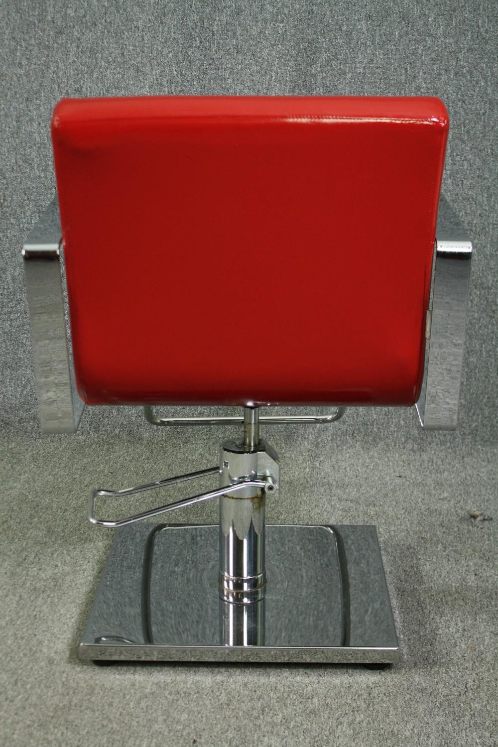 A pair of chrome barber shop chairs H.87cm. (each) with faux leather upholstery refinished in - Image 6 of 6