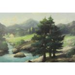 Antonio Chavry, Alpine scene, oil on canvas, unframed, signed. H.55 W.110cm.