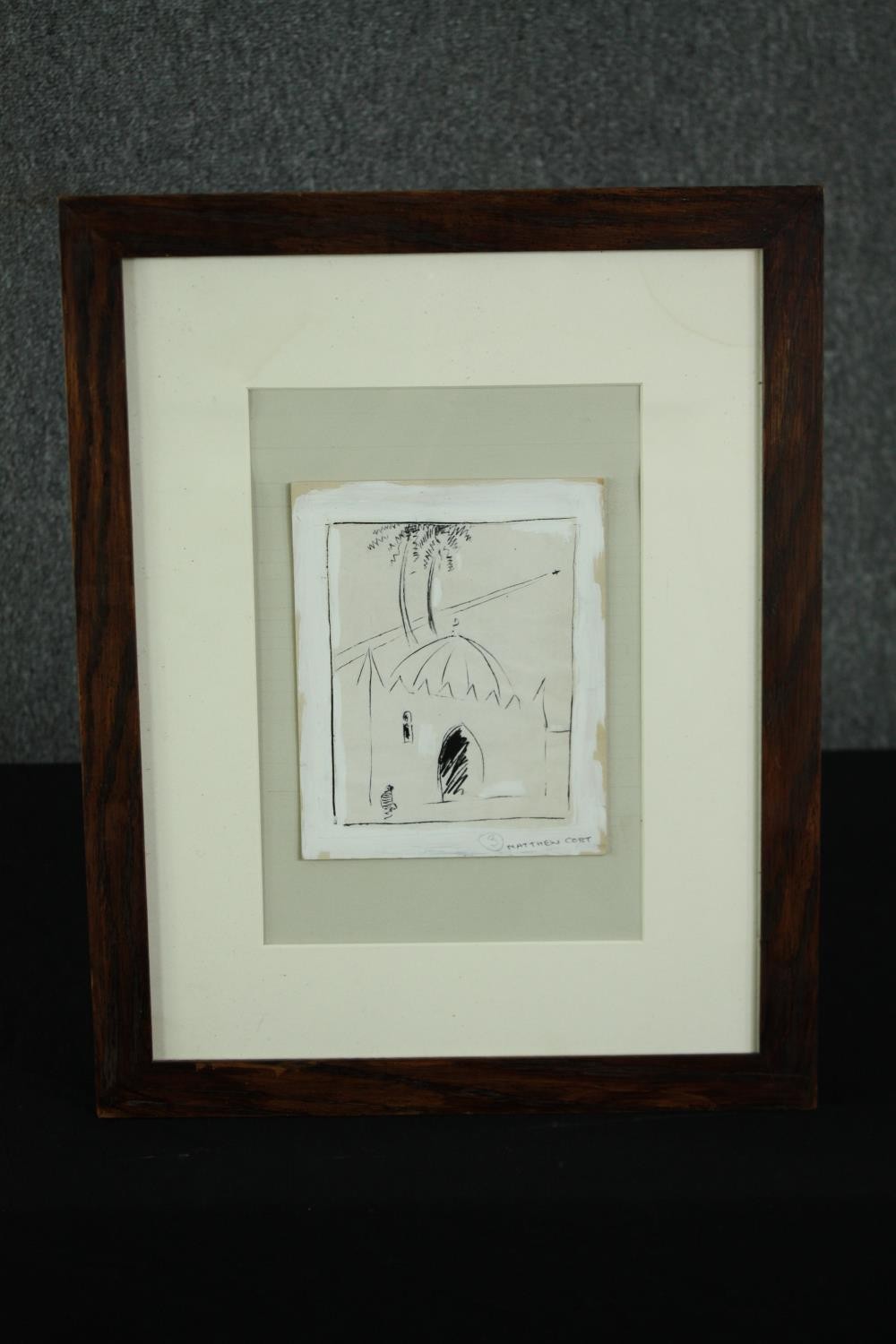 An ink sketch of a mosque, signed Matthew Cort, framed. H.46 W.37cm. - Image 2 of 4