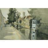 John Doyle, b 1928, a watercolour of a canal scene with cathedral in the background, signed,