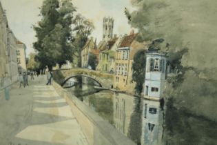 John Doyle, b 1928, a watercolour of a canal scene with cathedral in the background, signed,