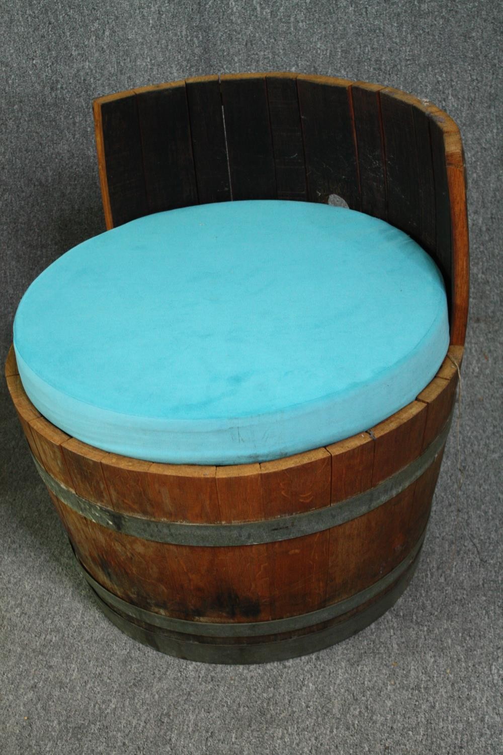 A pair of tub chairs, converted from coopered hardwood and metal mounted barrels with electric - Image 5 of 6