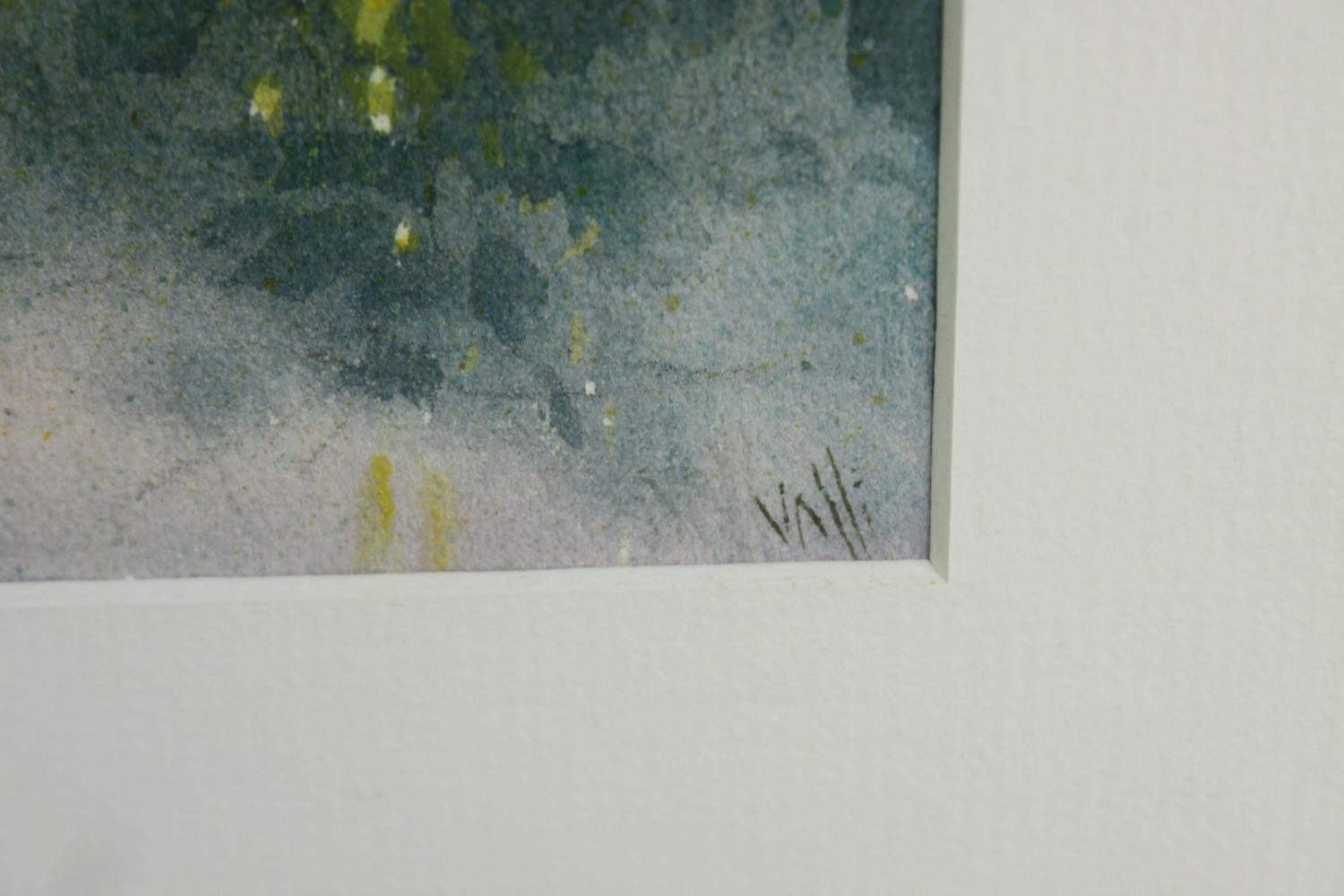 A watercolour depicting a tree in front of a misty lake, signed VALLI? framed and glazed. H.41 W. - Image 3 of 4